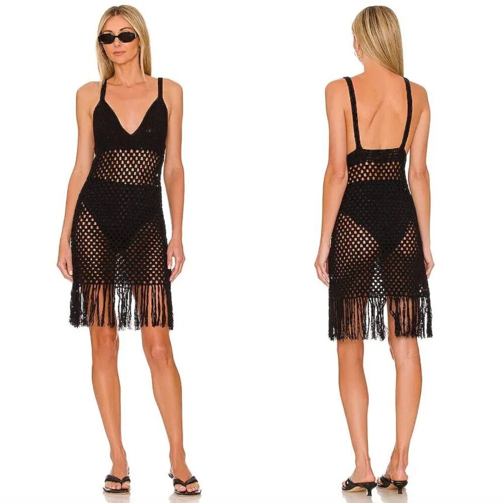 NWT L'Academie Black Crochet Open Knit Persis Fringe Beach Coverup Mini Dress